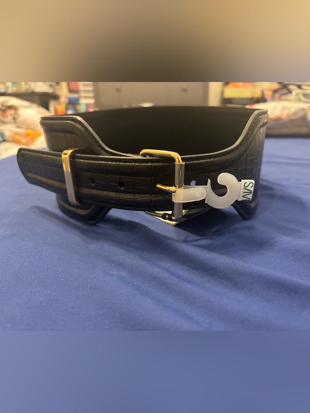 NWT Black Croc-Embossed Wide Belt with Gold Hardware, Small/Medium